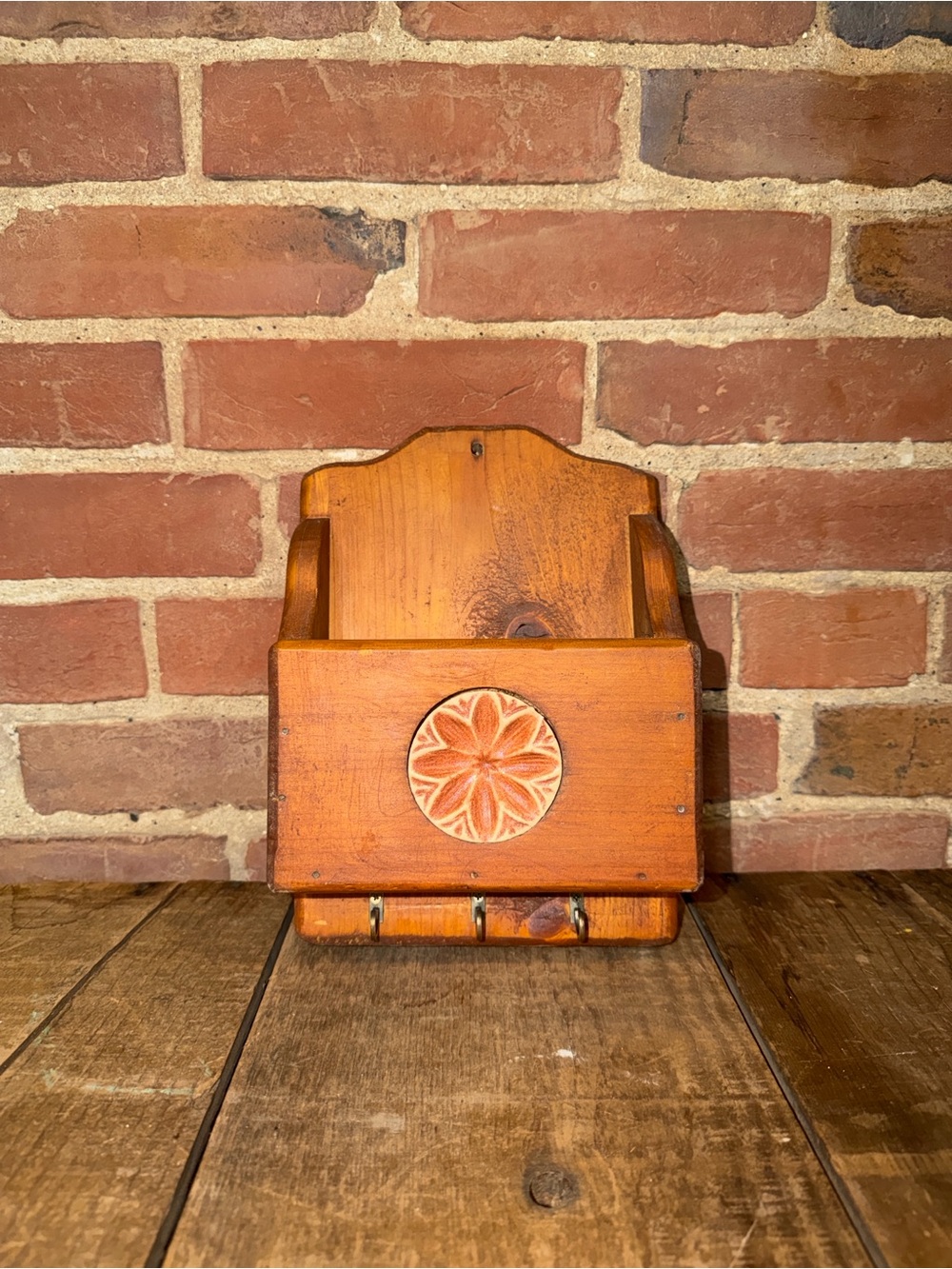 Wood Wall Mail Organizer with Orange Finish and Decorative Medallion